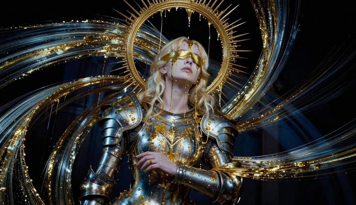 Golden cosmic orbit armor — Golden cosmic orbit armor. An imaginative character study with distinctive materials, expressive posture and cinematic lighting. Create a new…