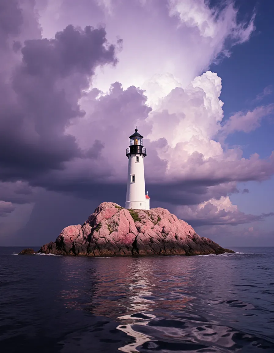 Lavender lighthouse — A white lighthouse on a rocky island under towering lavender storm clouds, calm reflective sea.