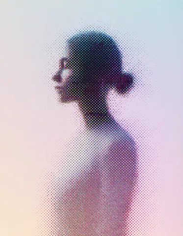 Halftone silhouette — A profile silhouette made of colorful halftone dots on a soft pastel gradient, minimal experimental poster.