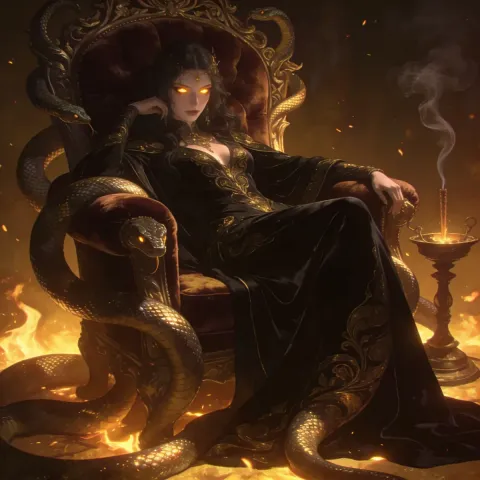 Serpent throne in firelight — Serpent throne in firelight. An imaginative character study with distinctive materials, expressive posture and cinematic lighting. Create a new…