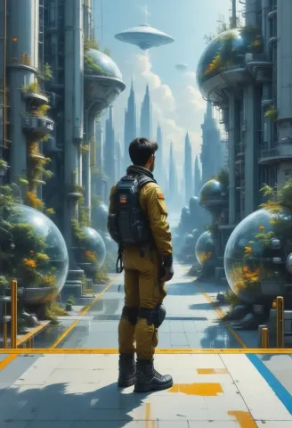 Small explorer in a towering city — Small explorer in a towering city. Expressive illustration, harmonious colors, a clear focal point and carefully arranged details. Create a…