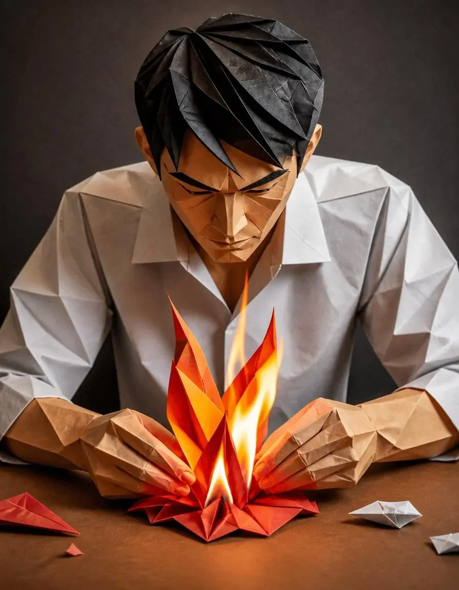 Origami artist with paper flames — Origami artist with paper flames. Expressive illustration, harmonious colors, a clear focal point and carefully arranged details. Create a new…