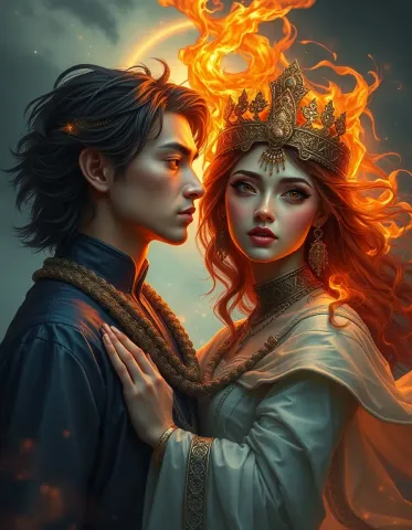 Fantasy couple with flame crown — Fantasy couple with flame crown. Expressive illustration, harmonious colors, a clear focal point and carefully arranged details. Create a new…