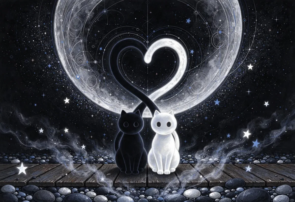 Moonlit companions — A black cat and white rabbit beneath a giant luminous moon, swirling night sky and tiny sparkling flowers.