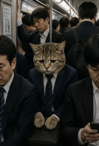 Rush-hour tabby — A tabby cat in a dark business suit squeezed among commuters on a train, realistic candid composition.
