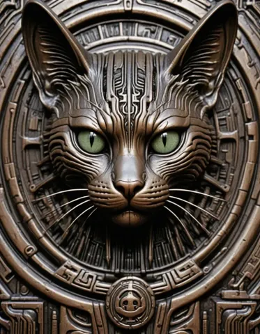 Engraved mechanical cat medallion — Engraved mechanical cat medallion. A carefully composed still life with clear material textures, controlled lighting and a clean focal point.…