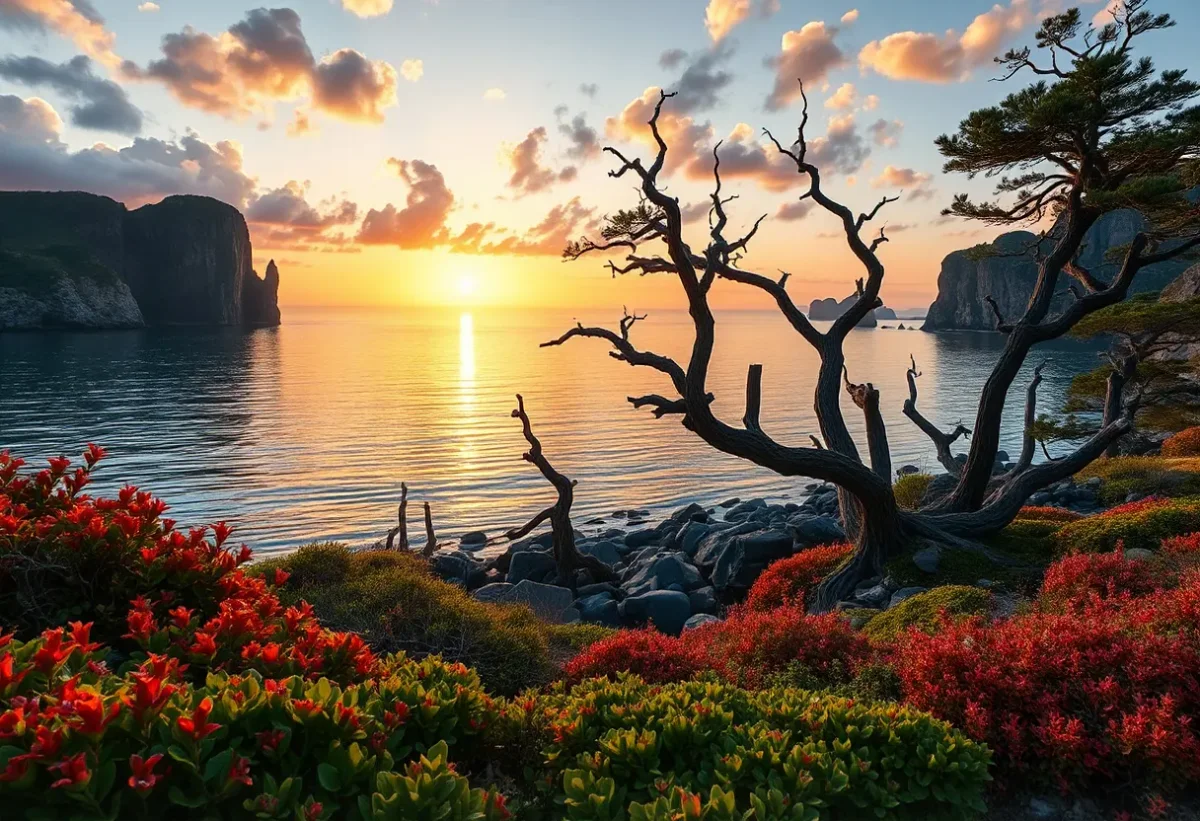Sunset bay with red flowers — Sunset bay with red flowers. An atmospheric environment with layered depth, coherent lighting and rich environmental detail. Create a new…