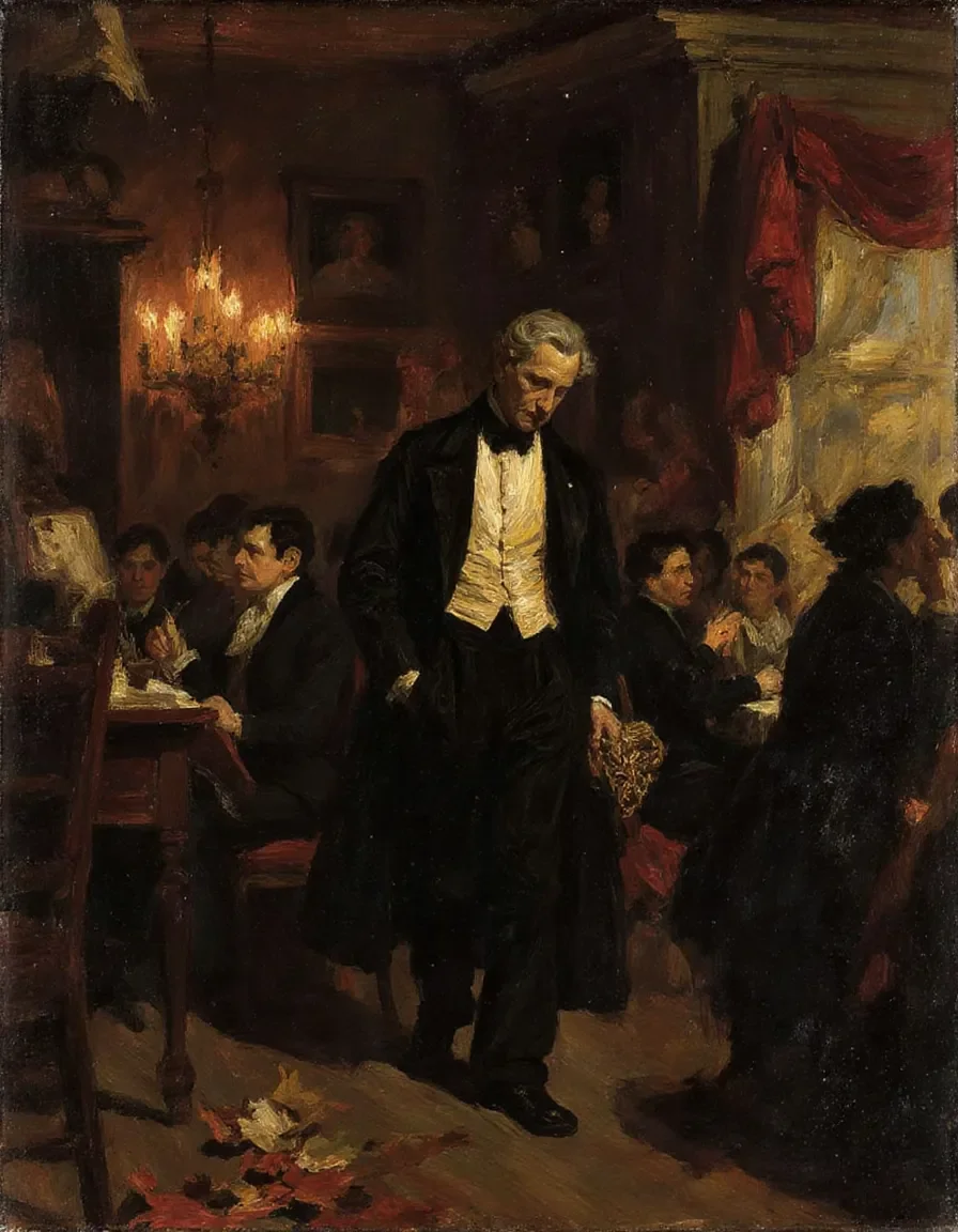 Candlelit gathering — A historical gathering in a candlelit drawing room, dark formal clothing and rich classical oil-painting textures.