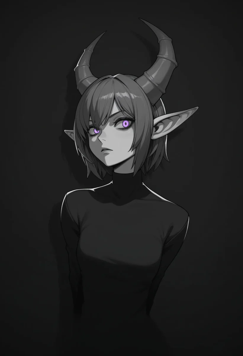 Horned elf portrait — An original horned elf in a dark high-neck shirt, silver bob haircut and violet eyes, restrained monochrome anime portrait on a charcoal background.