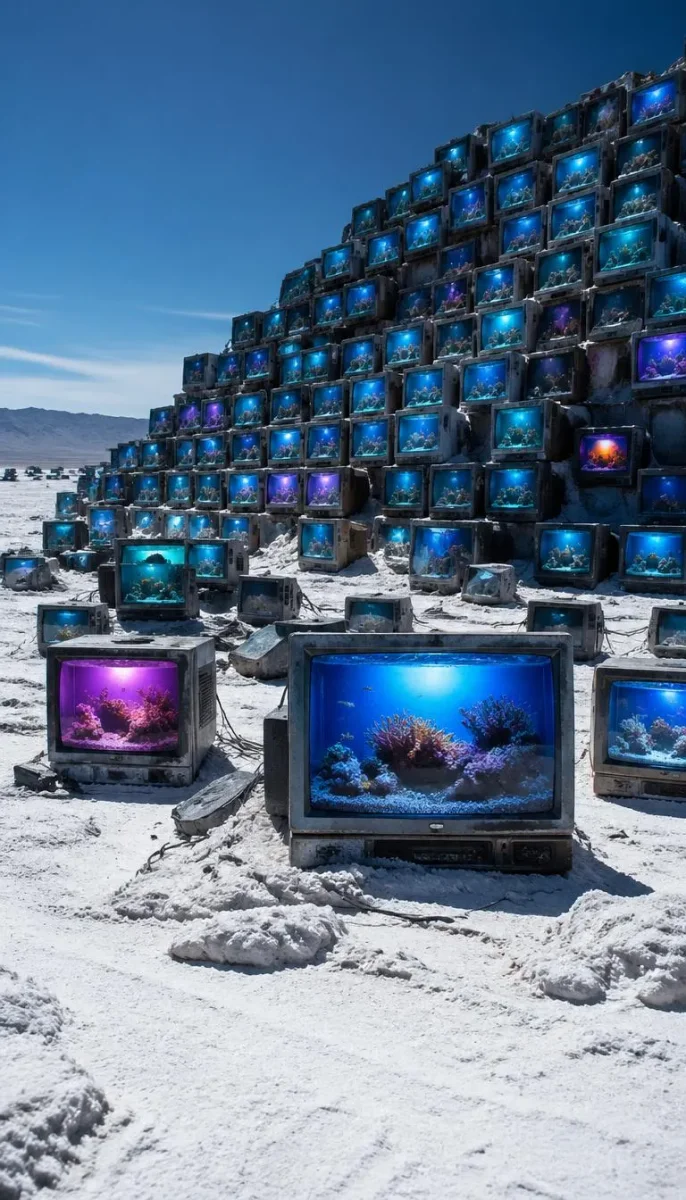 Screens in the snow — A pyramid of old televisions on a snowy plain, blue glowing screens beneath a clear sky, surreal installation.