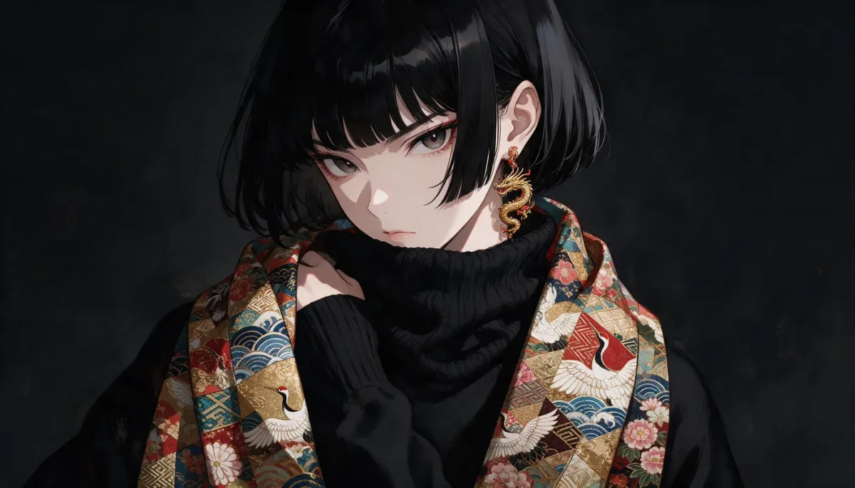 Patterned scarf portrait — An original black-haired anime character wrapped in a richly patterned scarf, subdued dark background.