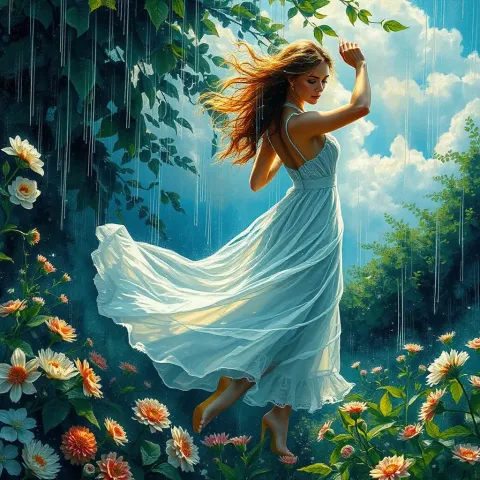 White dress floating through flowers — White dress floating through flowers. Expressive illustration, harmonious colors, a clear focal point and carefully arranged details.…
