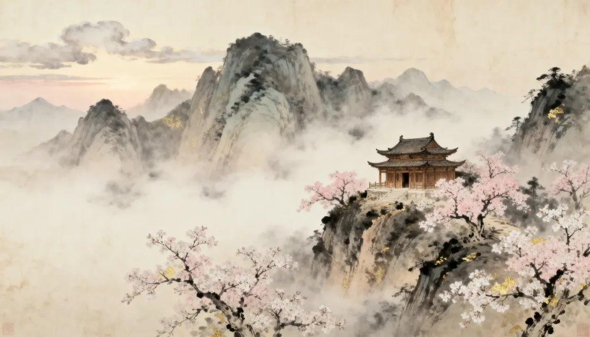 Mountain pavilion in spring mist — Mountain pavilion in spring mist. An atmospheric environment with layered depth, coherent lighting and rich environmental detail. Create a new…