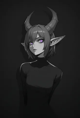 Horned elf portrait — An original horned elf in a dark high-neck shirt, silver bob haircut and violet eyes, restrained monochrome anime portrait on a charcoal background.