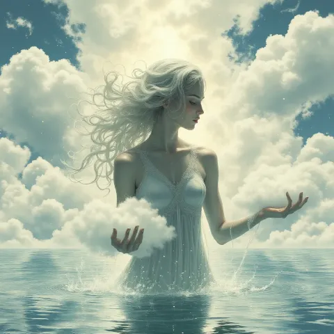 Cloud figure emerging from the sea — Cloud figure emerging from the sea. Expressive illustration, harmonious colors, a clear focal point and carefully arranged details. Create a…