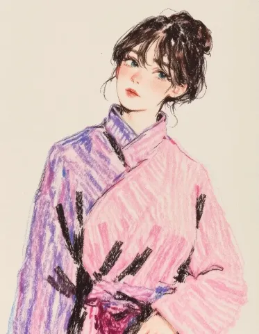 Pastel kimono sketch — An original portrait in a pink and lavender kimono, loose colored-pencil strokes on warm cream paper.