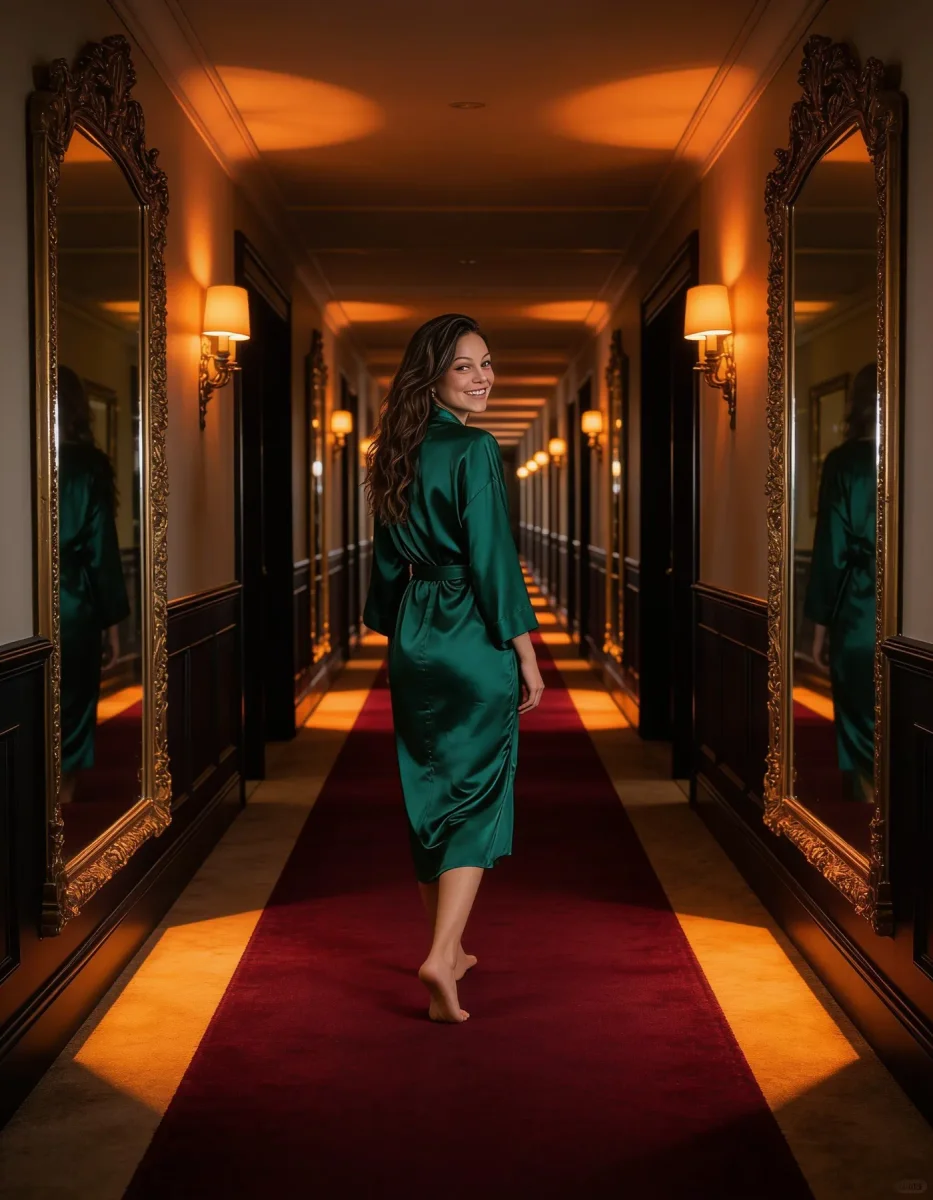 Emerald gown in a golden corridor — Emerald gown in a golden corridor. Natural photographic detail, balanced composition, expressive light and clear subject separation. Create a…