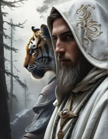 White cloaked traveler with a tiger — White cloaked traveler with a tiger. An imaginative character study with distinctive materials, expressive posture and cinematic lighting.…
