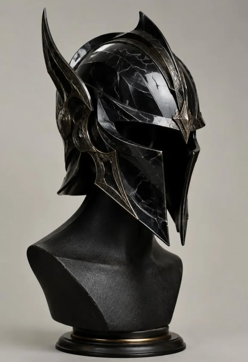 Black bird helmet — A glossy black bird-shaped helmet displayed on a dark mannequin bust, curved gold details and clean studio background.