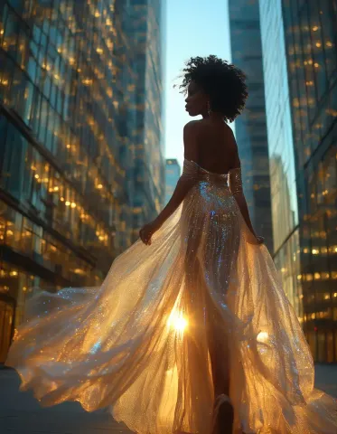 Glowing golden dress among skyscrapers — Glowing golden dress among skyscrapers. Natural photographic detail, balanced composition, expressive light and clear subject separation.…