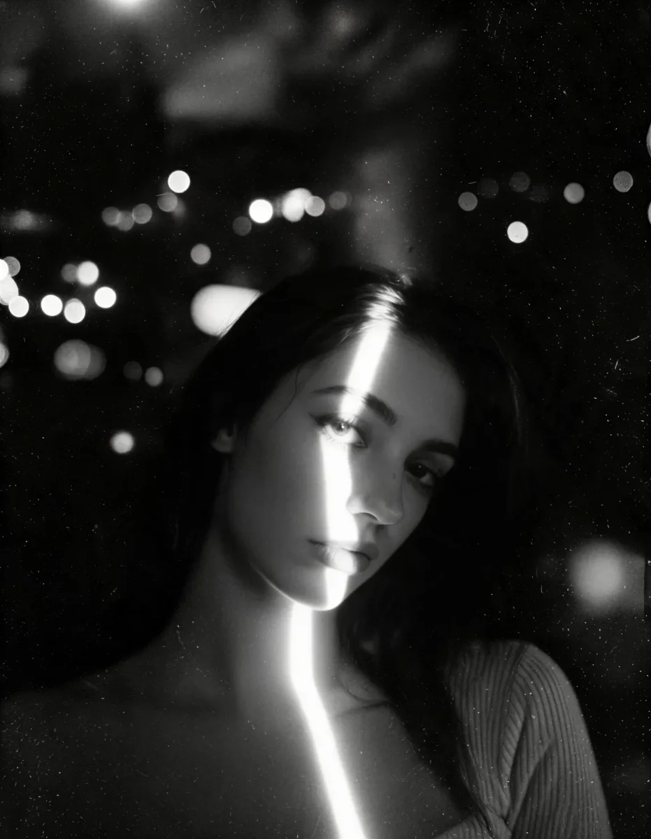 Night light portrait — A monochrome portrait with a narrow beam of light crossing the face, scattered city bokeh and deep shadows.