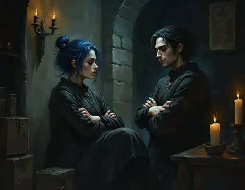 Conversation in a candlelit castle — Conversation in a candlelit castle. Expressive illustration, harmonious colors, a clear focal point and carefully arranged details. Create a…