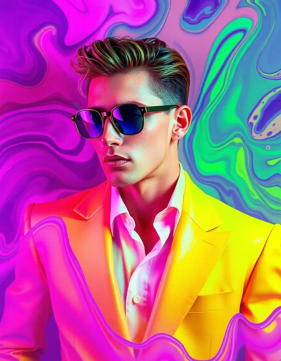 Psychedelic neon suit portrait — Psychedelic neon suit portrait. Expressive illustration, harmonious colors, a clear focal point and carefully arranged details. Create a new…