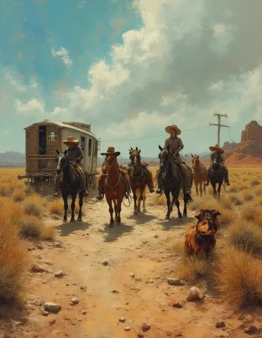 Western wagon caravan painting — Western wagon caravan painting. Expressive illustration, harmonious colors, a clear focal point and carefully arranged details. Create a new…