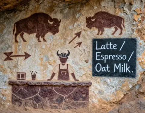 Prehistoric cafe wall painting — Prehistoric cafe wall painting. Expressive illustration, harmonious colors, a clear focal point and carefully arranged details. Create a new…