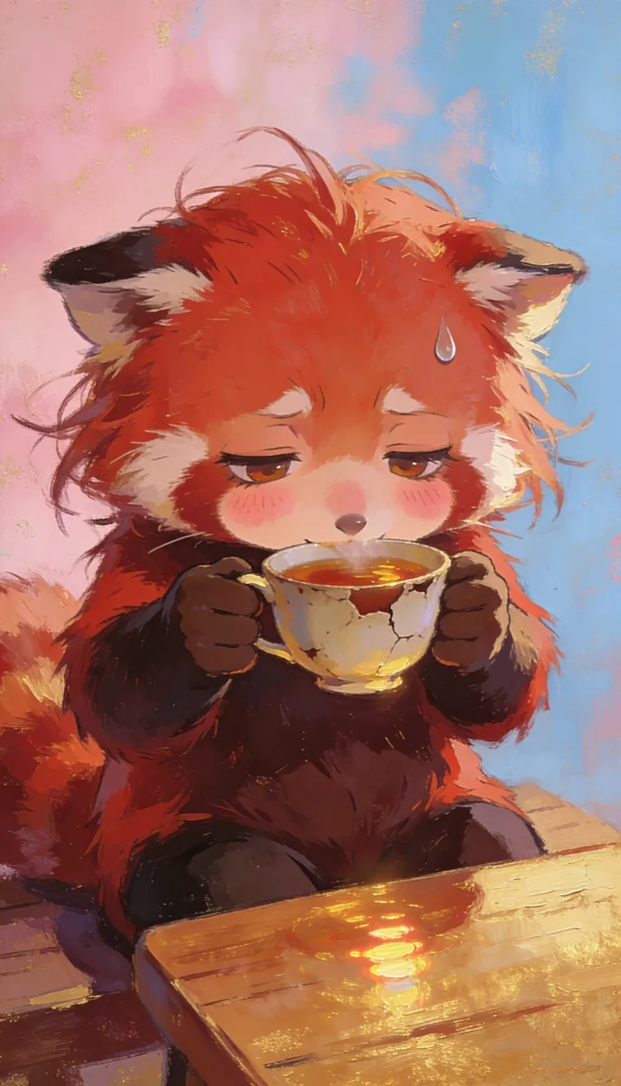 Red panda tea break — A fluffy red panda holding a teacup at a wooden table, pastel watercolor texture and gentle morning light.
