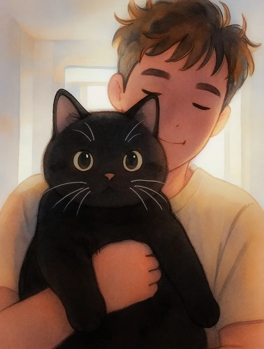 Cat hug — A warm animated portrait of a person hugging a wide-eyed black cat, soft home lighting and gentle expressions.
