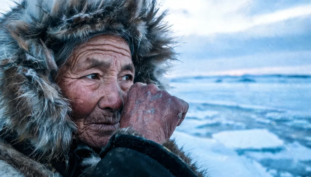 Arctic portrait — An elderly traveler in a fur-lined hood beside a frozen sea, weathered skin and cold blue daylight.