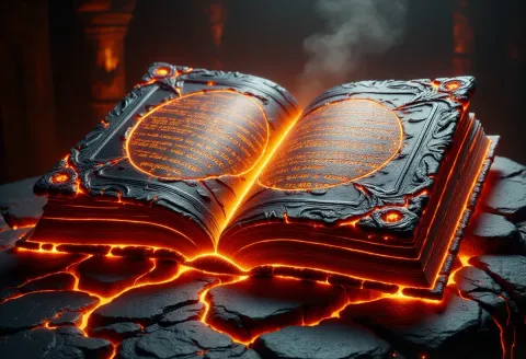 Lava glowing open spellbook — Lava glowing open spellbook. A carefully composed still life with clear material textures, controlled lighting and a clean focal point. Create a new…
