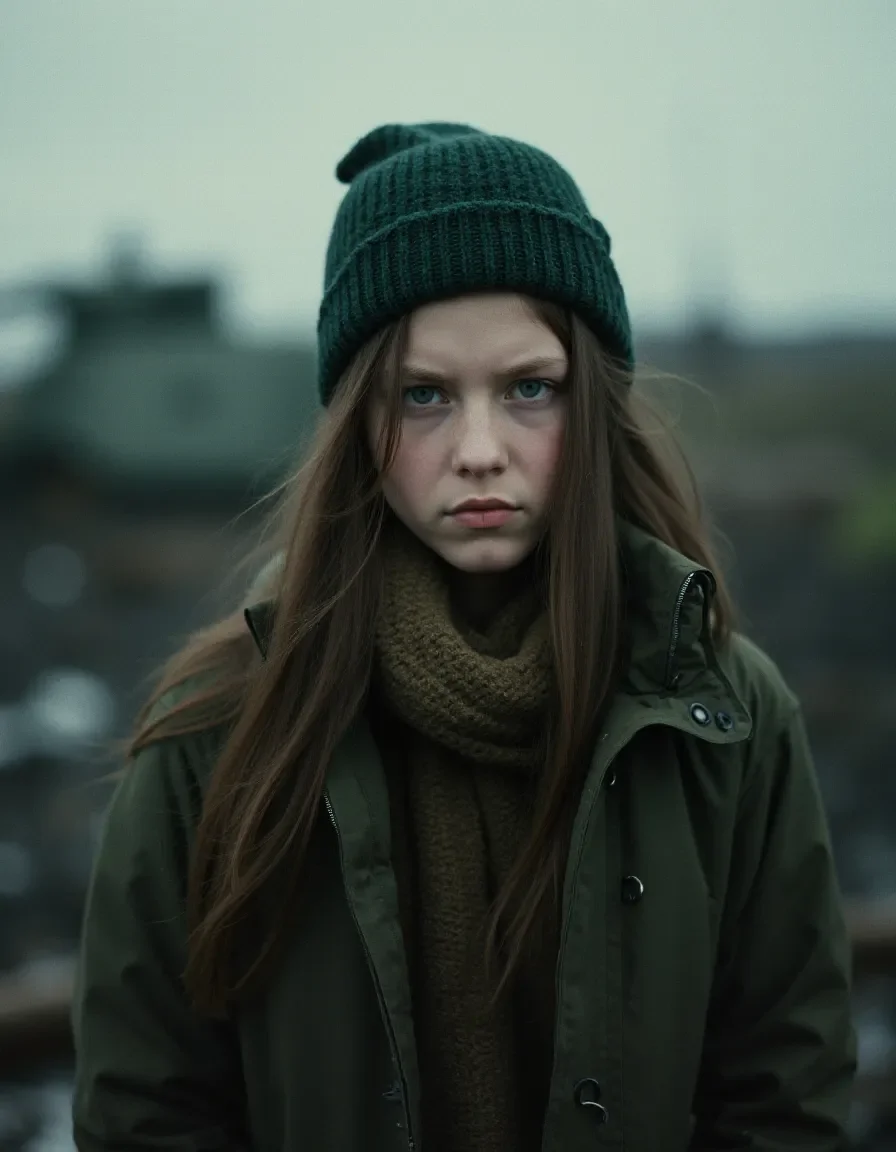 Green beanie overcast portrait — Green beanie overcast portrait. Natural photographic detail, balanced composition, expressive light and clear subject separation. Create a new…
