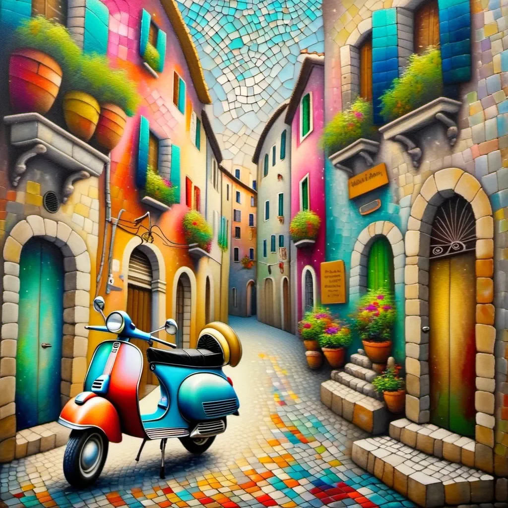 Colorful mosaic alley and scooter — Colorful mosaic alley and scooter. Expressive illustration, harmonious colors, a clear focal point and carefully arranged details. Create a…