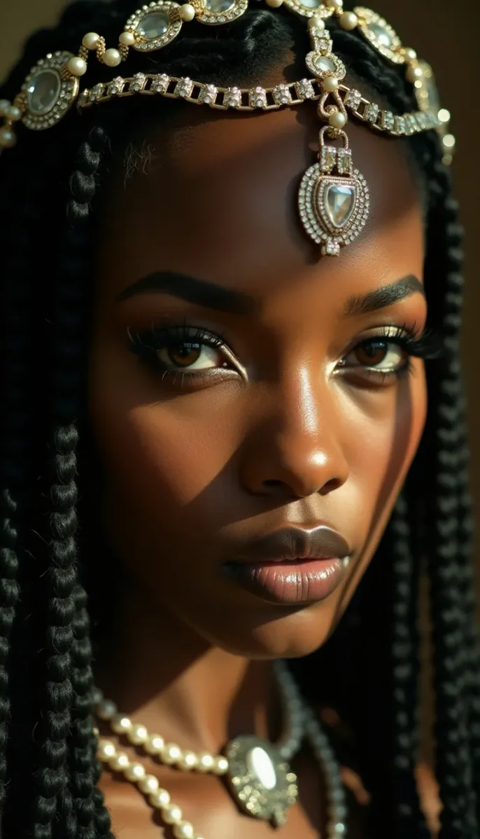 Pearl headpiece portrait — Pearl headpiece portrait. Natural photographic detail, balanced composition, expressive light and clear subject separation. Create a new…