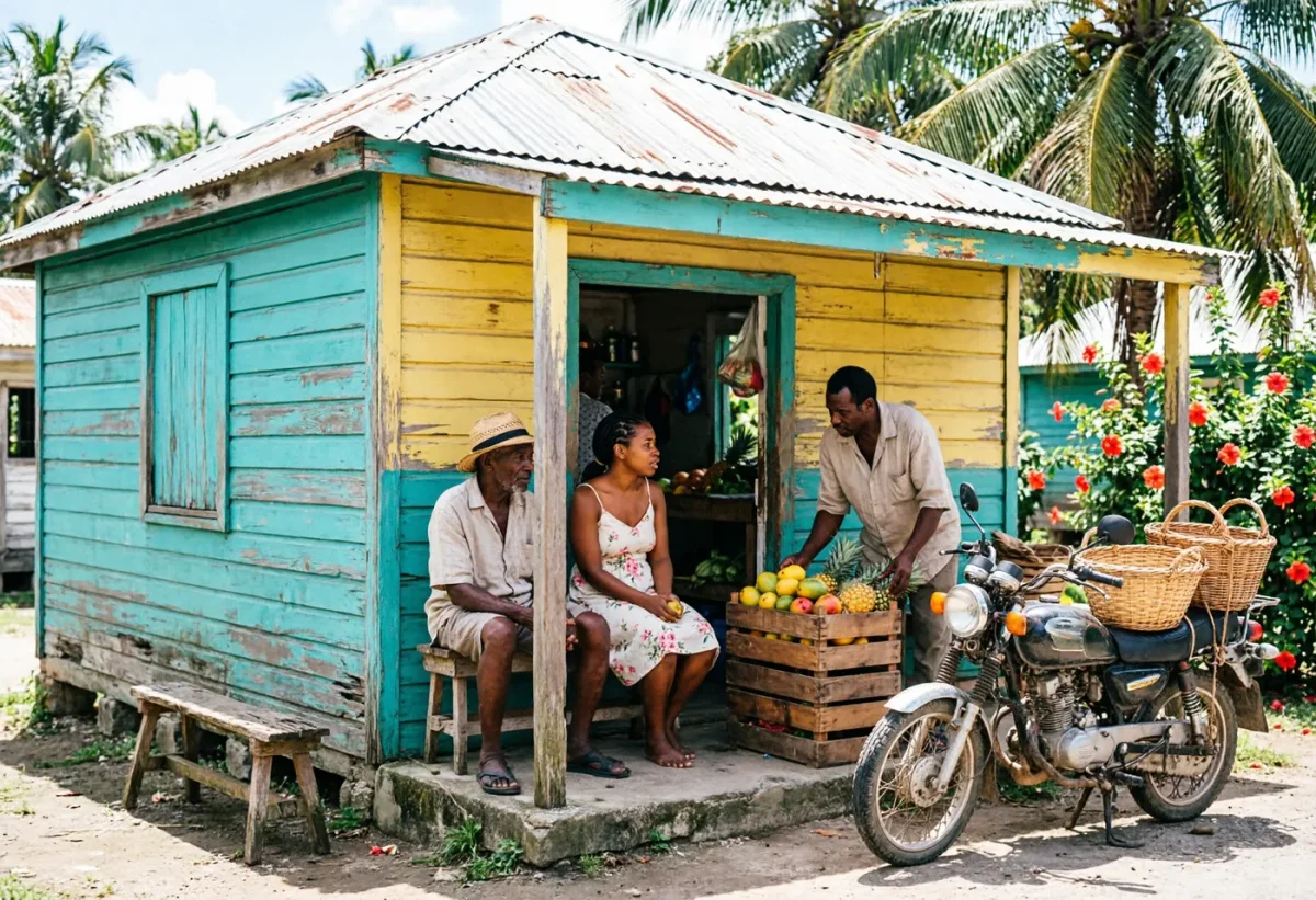 Tropical corner store — A turquoise and yellow wooden shop beneath palm trees, neighbors chatting beside fruit baskets and a motorcycle, sunny documentary style.