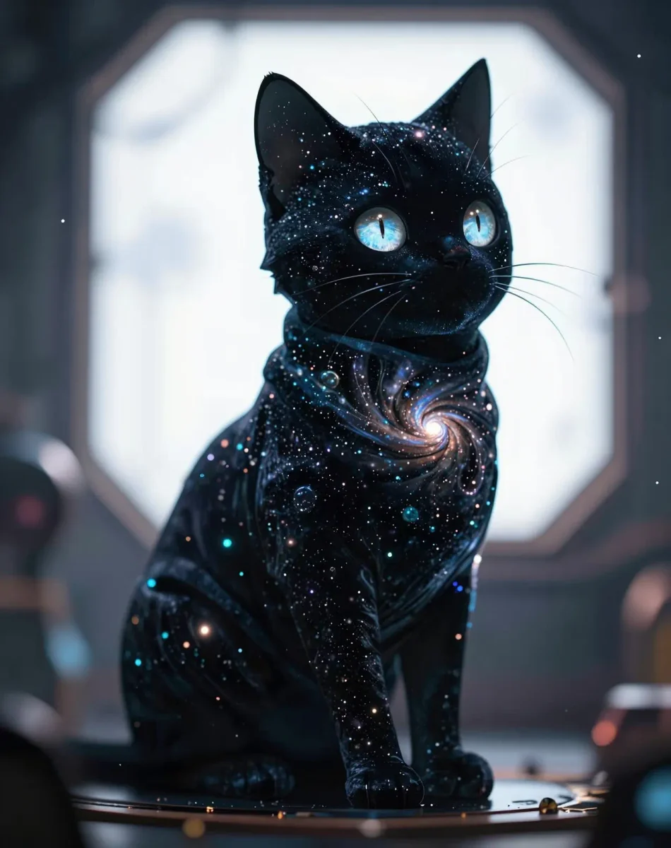 Galaxy kitten — A black kitten filled with tiny stars and a glowing spiral galaxy, bright blue eyes and a softly lit interior.