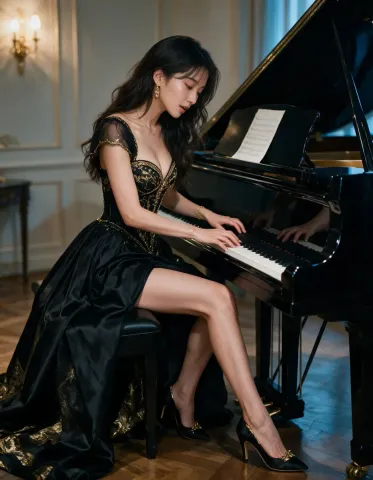 Pianist in an elegant hall — Pianist in an elegant hall. Natural photographic detail, balanced composition, expressive light and clear subject separation. Create a new…