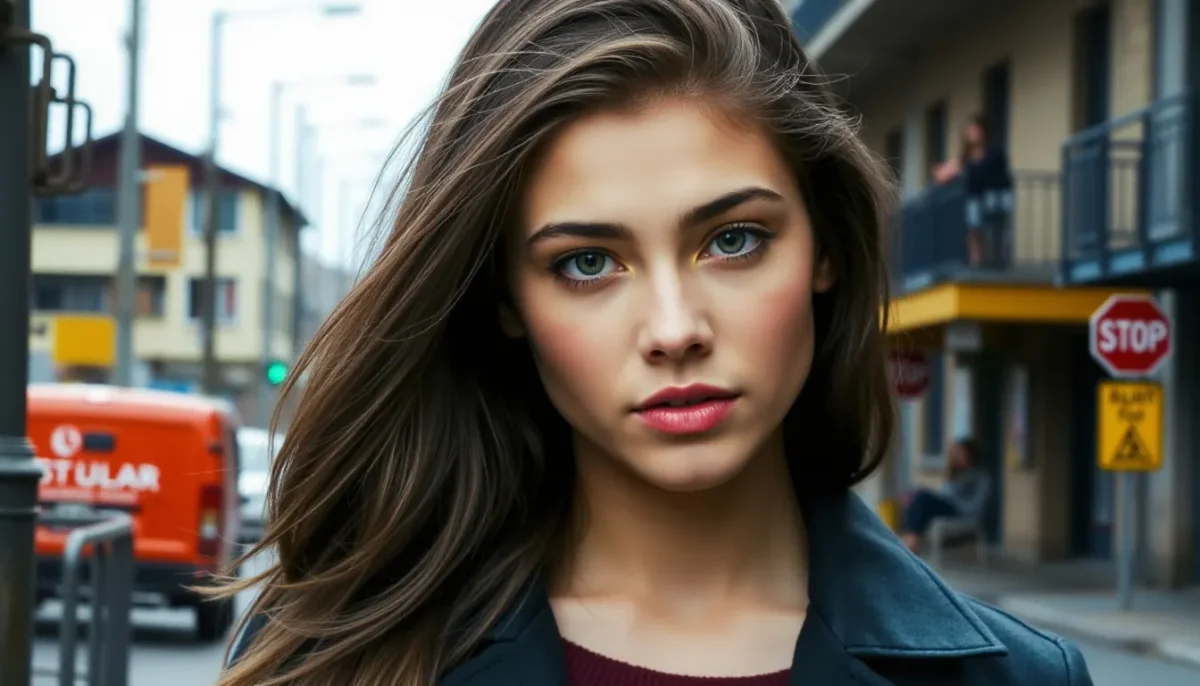 City portrait with flowing dark hair — City portrait with flowing dark hair. Natural photographic detail, balanced composition, expressive light and clear subject separation.…