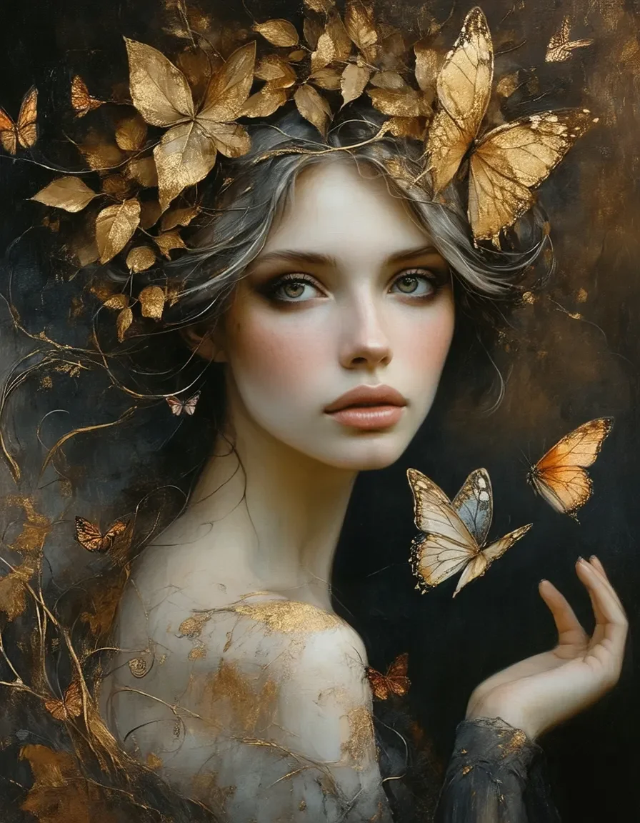 Golden butterflies portrait — Golden butterflies portrait. Expressive illustration, harmonious colors, a clear focal point and carefully arranged details. Create a new…