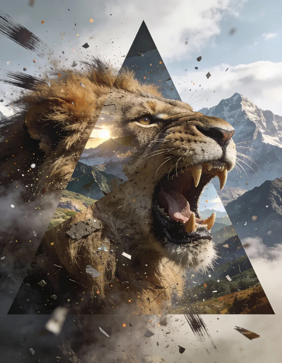Roaring stone lion — A powerful lion emerging through fractured geometric stone, mountain backdrop and swirling dust, dramatic concept art.