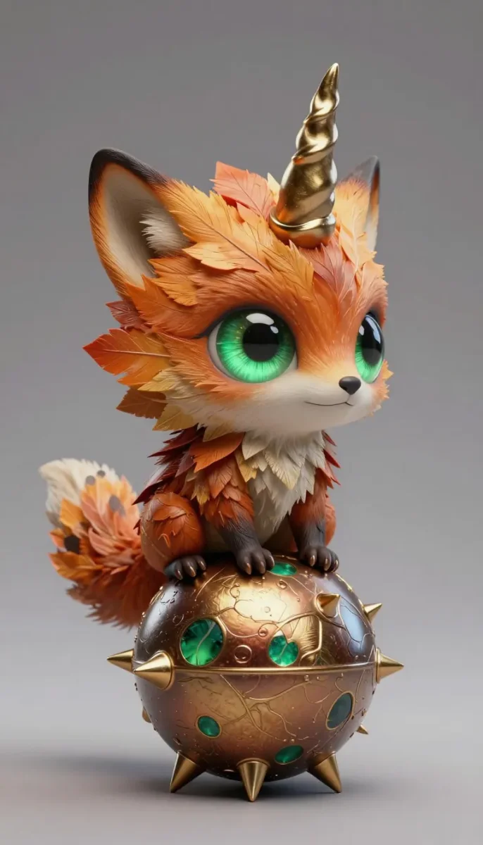 Tiny unicorn fox figurine — Tiny unicorn fox figurine. An imaginative character study with distinctive materials, expressive posture and cinematic lighting. Create a new…