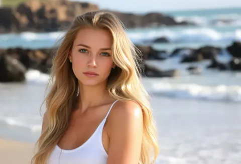 White shirt rocky beach portrait — White shirt rocky beach portrait. Natural photographic detail, balanced composition, expressive light and clear subject separation. Create a…