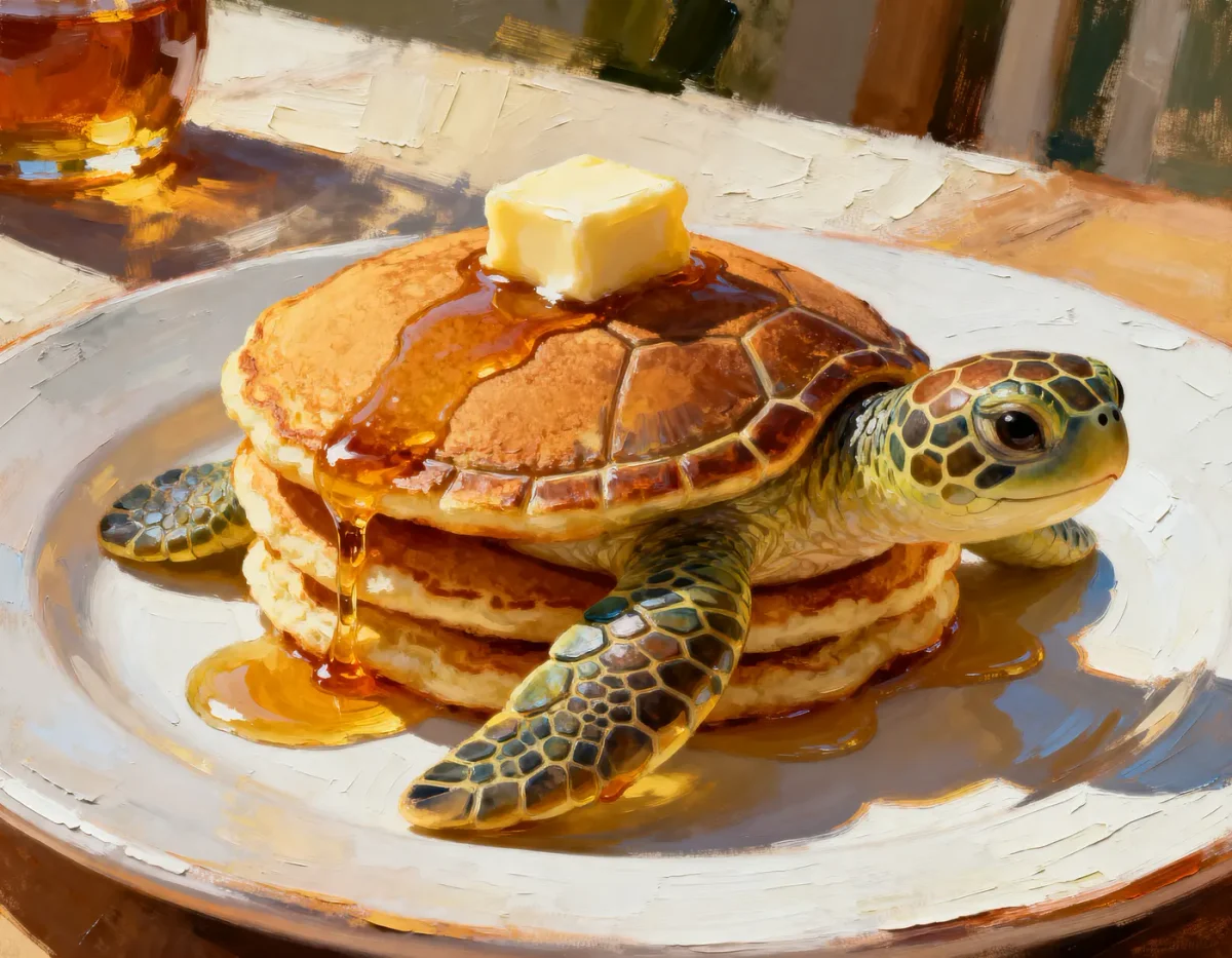 Pancake turtle — A whimsical sea turtle with a golden pancake shell topped with butter and syrup, warm breakfast-table photography.