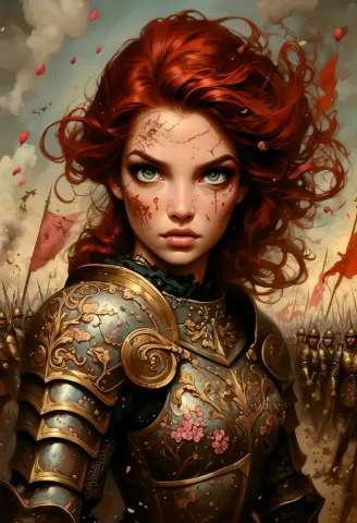 Red haired armored portrait — Red haired armored portrait. Expressive illustration, harmonious colors, a clear focal point and carefully arranged details. Create a new…