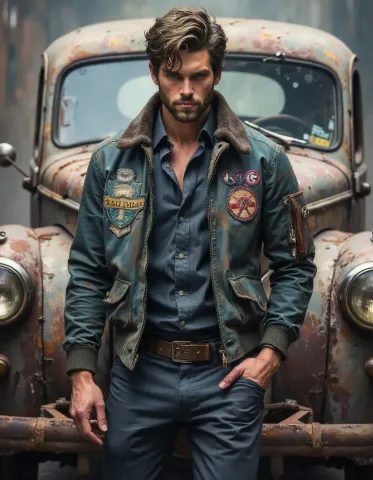 Rugged portrait beside an old truck — Rugged portrait beside an old truck. Natural photographic detail, balanced composition, expressive light and clear subject separation.…