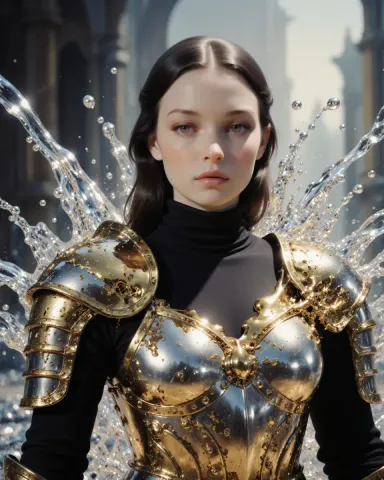 Golden armor and splashing water — Golden armor and splashing water. An imaginative character study with distinctive materials, expressive posture and cinematic lighting. Create…