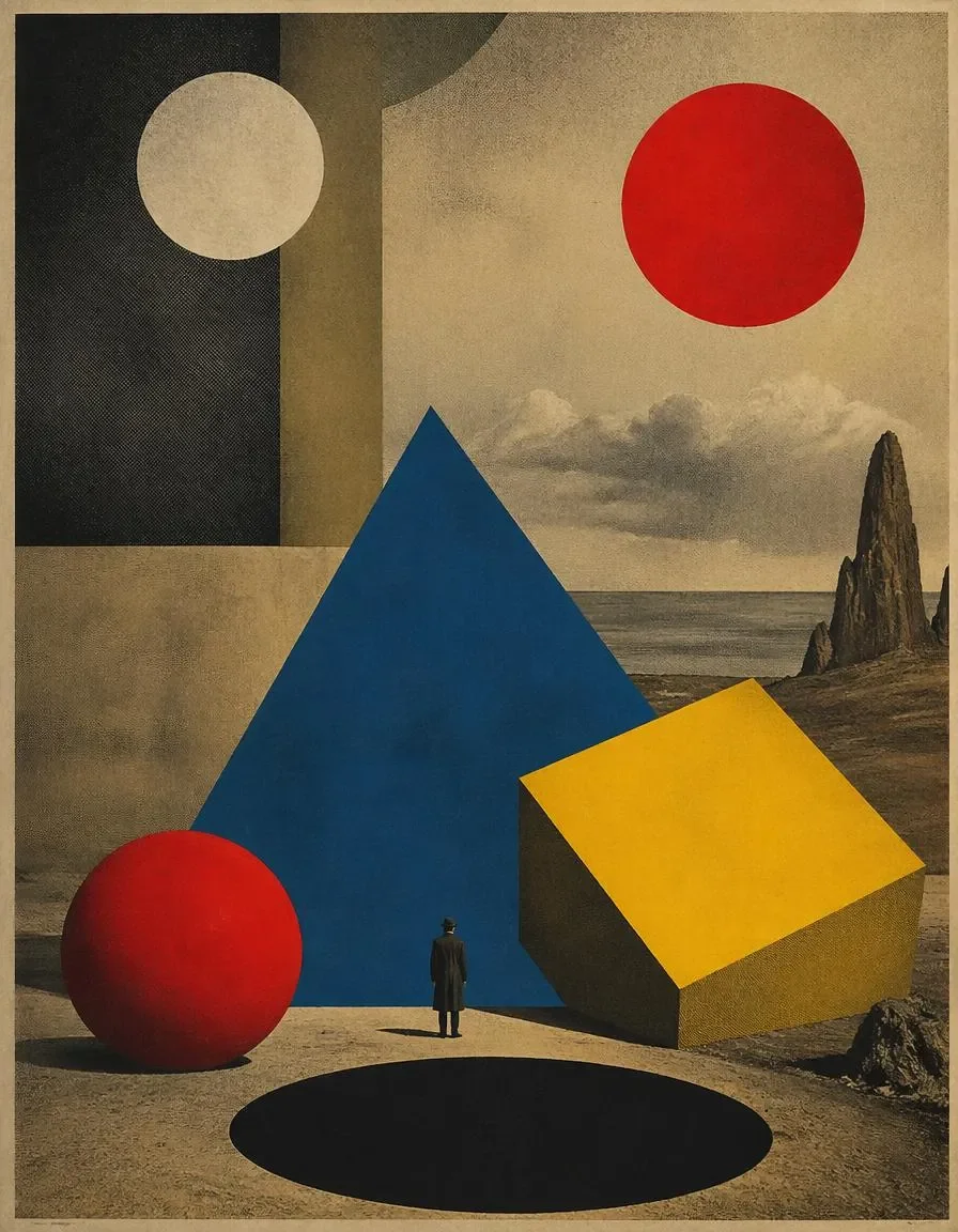 Geometric desert — A blue pyramid, yellow cube and red sphere in a surreal desert with a tiny traveler, textured modernist poster.
