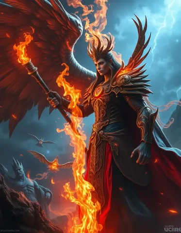 Flaming winged warrior — Flaming winged warrior. An imaginative character study with distinctive materials, expressive posture and cinematic lighting. Create a new…